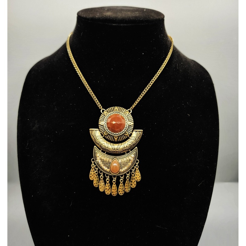 Bohemian Statement Necklace Antique Gold Tone Tribal Pendant Red Brown Stone